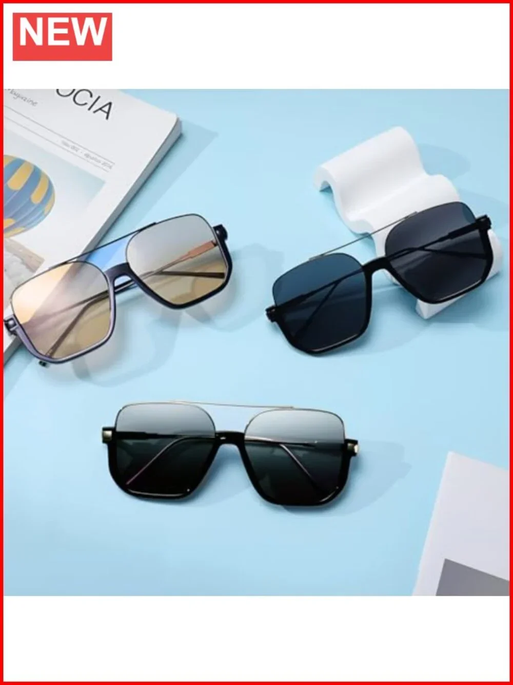 3 Pcs Retro Oversized Aviator Sunglasses Square Semi Rimless UV Protection